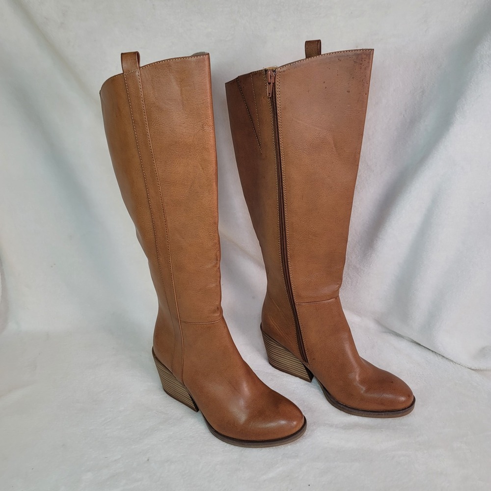 KORKS Harley Tan Boots Size 6M Stacked Heel Knee High Boho Riding Equestrian